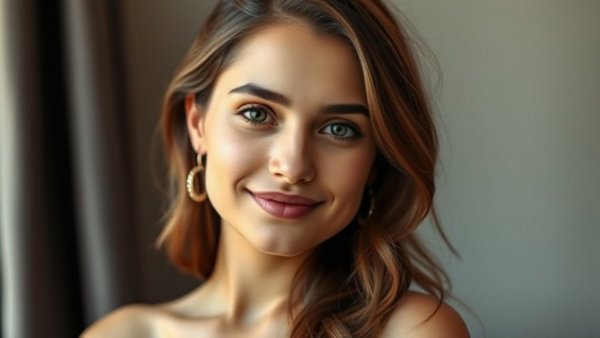 Elegant woman in a portrait, subtle smile, vibrant setting.