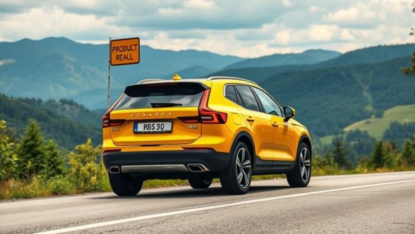 Volvo XC30 with 'Product Recall' sign on mountain road.