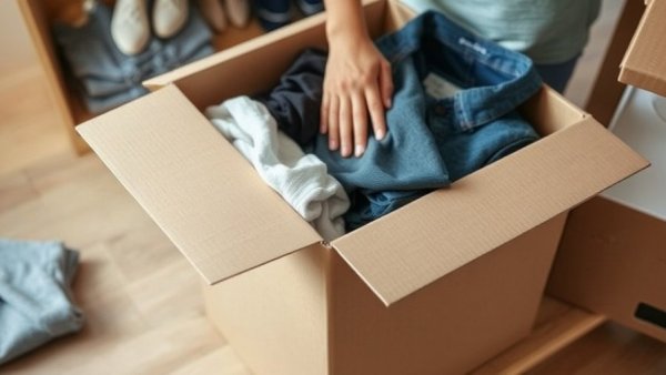 Hands organizing clothes in boxes, avoiding common mistakes when decluttering.