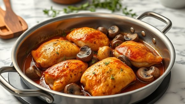 Golden-brown chicken thighs with mushrooms in a pan, Chicken Thigh Recipes.