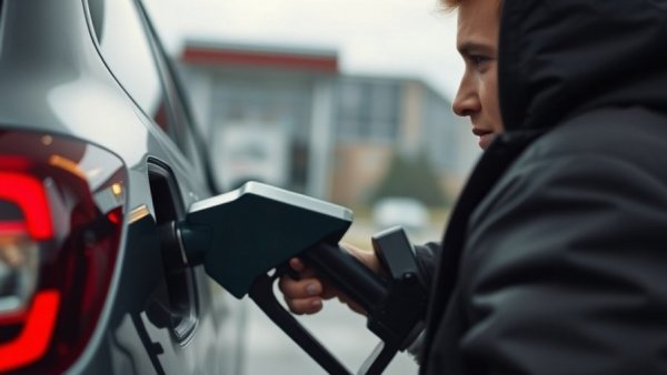Person refueling car on an automotive road trip, cloudy day.