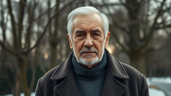 Distinguished older man outdoors discussing Trump's Great Healthcare Plan.