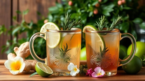 Rosemary mule mocktail in decorative glasses with fresh ingredients around.