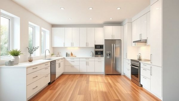 Modern spacious kitchen layout with white cabinets and island.