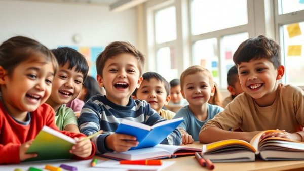 Children learning in classroom setting, discussing ideas.