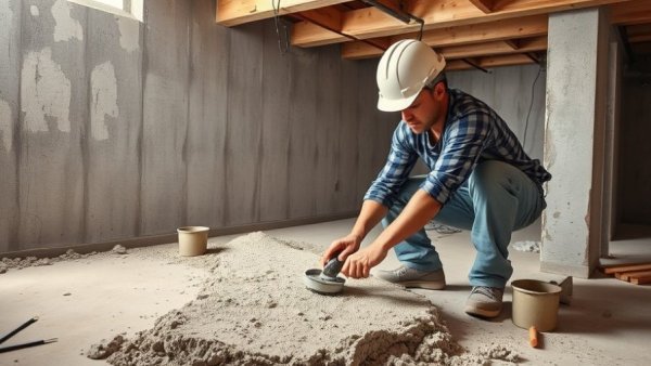 Worker smoothing concrete for waterproofing in basement construction.