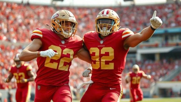 49ers players energetically celebrating on field in bright uniforms.