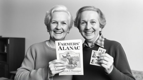 Vintage photo of a smiling couple with a Farmers' Almanac from 1968.