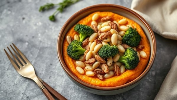 Savory dish with broccoli, beans, and nuts on sweet potato puree.