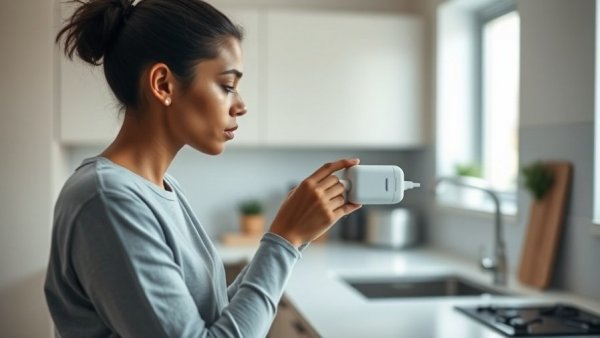 Person unplugging charger in a kitchen setting.