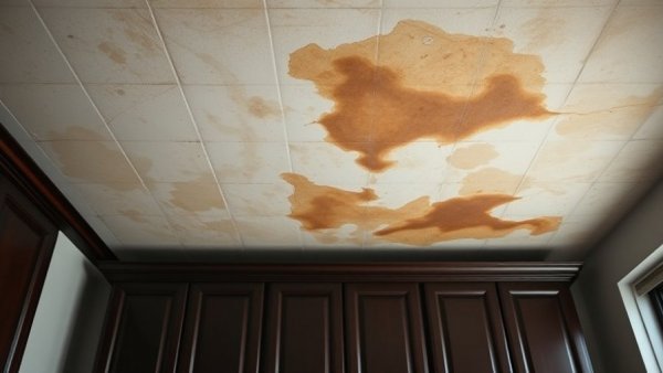 Ceiling with water stains above dark cabinets, showing damage contrast.