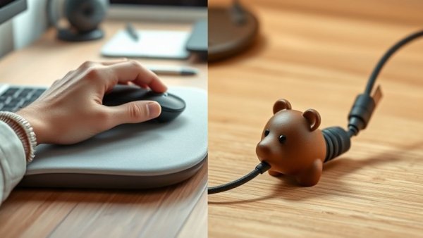 Genius items cheap: ergonomic wrist rest and cable protector on desk