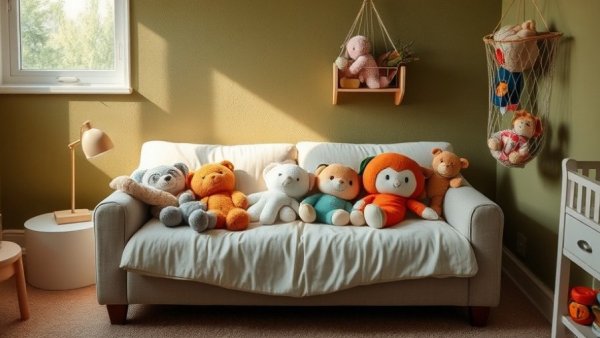 Cozy children's bedroom with plush toys, soft lighting, and inviting decor.