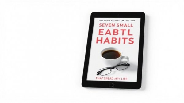 Digital book cover displaying 'Seven Small Easy Habits' on a tablet.