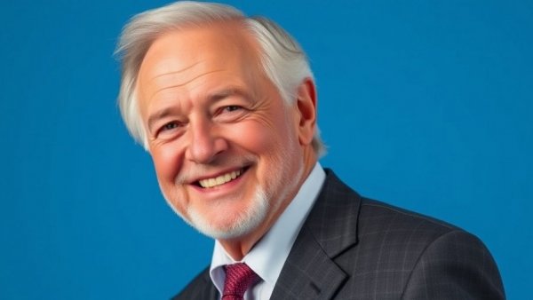 Confident man in a suit against a blue background.