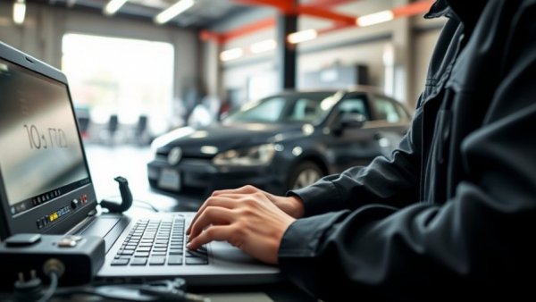 Close-up of technician's hands on laptop for auto repair and automotive maintenance.