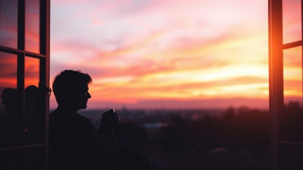 Silhouetted couple at sunset, finding hope in struggles over coffee.