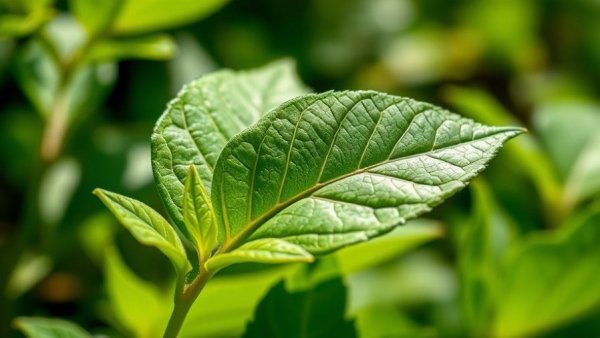 Fresh ashwagandha leaves in natural light with blurred greenery background.
