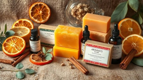 Colorful cold process soaps and essential oils on rustic table.