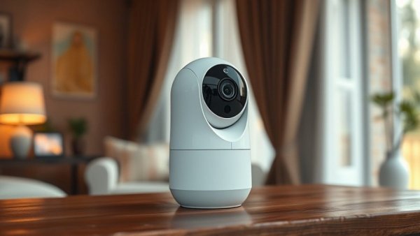 Sleek modern security camera on a table for renter-friendly security upgrades.