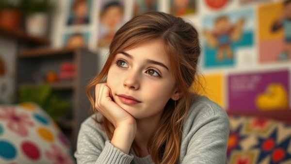 Teen girl in orange sweater deep in thought, ADHD symptoms in teens.