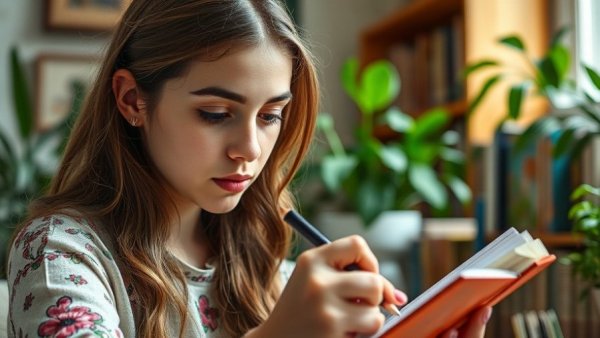 Young woman coloring in a cozy room with plants and books.