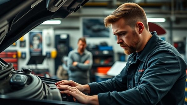 Mechanic engaged in auto repair and maintenance in a garage.