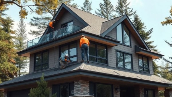 Workers conducting regular roof inspections on a two-story house.