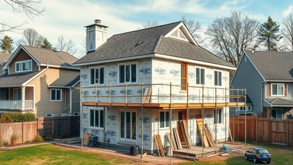 Suburban home under construction with scaffolding and materials, Home Construction Tips.