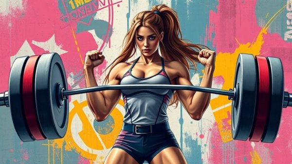 Vibrant poster of a strong woman lifting weights, emphasizing strength over thinness