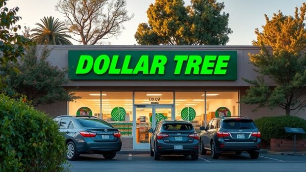 Dollar Tree storefront exterior with cars parked; Dollar Tree red dot sticker meaning.
