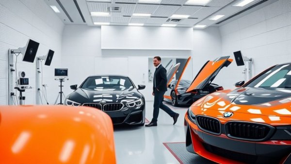 BMW cars in a sound testing room with a person walking, highlighting BMW Electric M3 Sound.