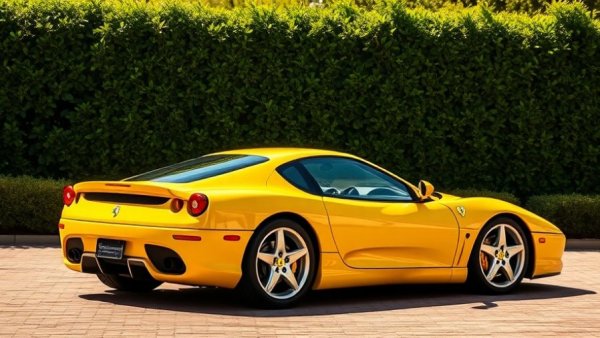 Yellow Ferrari reflecting auction trends, parked on driveway