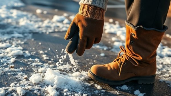 Spreading salt on icy driveway during winter.