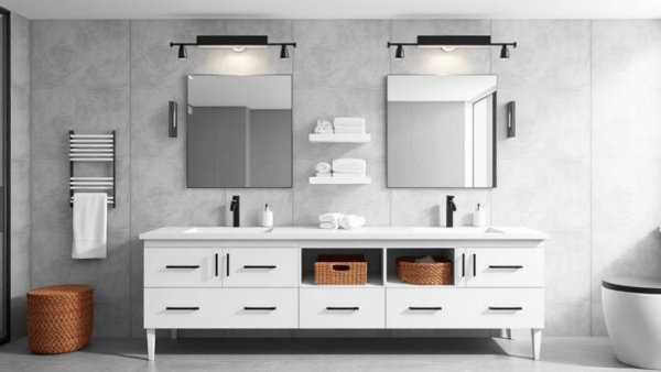 Modern bathroom with elegant storage displaying current design trends.
