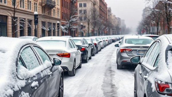 Cars covered in snow on a city street, highlighting low pump prices.