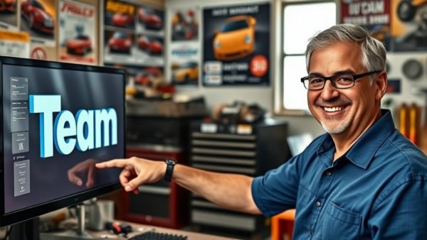 Smiling man in workshop pointing at 3D 'Team' graphic on computer.