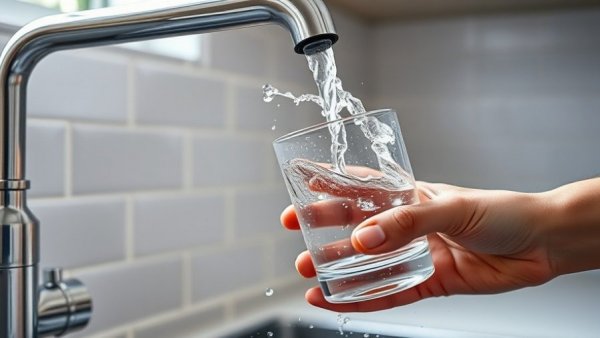 Chrome faucet splashing water into glass, representing role of plumbing in home care.