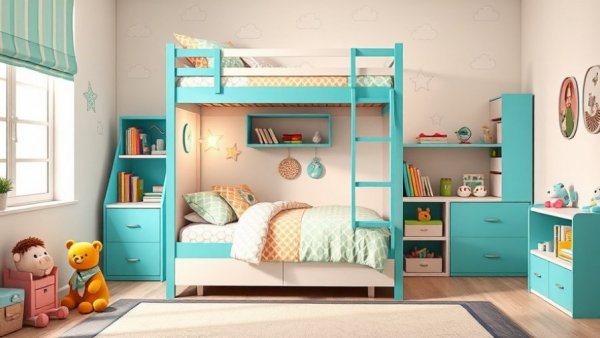 Vibrant compact bunk beds for children in a playful setting.