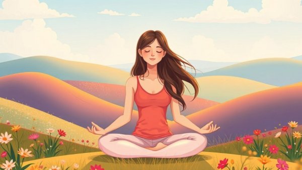 Serene cartoon woman meditating in vibrant landscape, symbolizing stress relief.