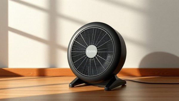 Kismile radiant space heater on wooden floor with warm lighting.