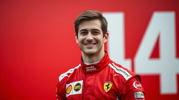 Ferrari SF-26 racing suit driver in front of red background with number 44.