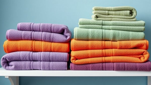 Colorful towels stacked neatly on a shelf in home; smart reuse tips.