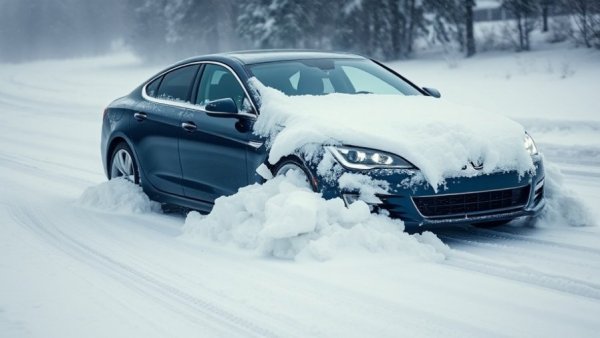 Car sliding on snowy road with visible tire tracks