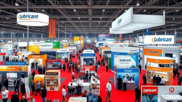Busy exhibition hall with lubricant company displays and attendees.