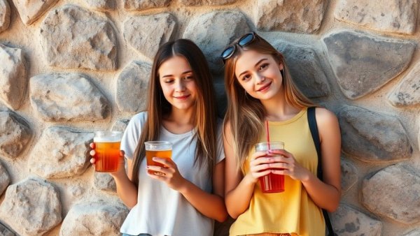 Teen girls leaning against a wall with drinks, showcasing behavioral traits in teens.