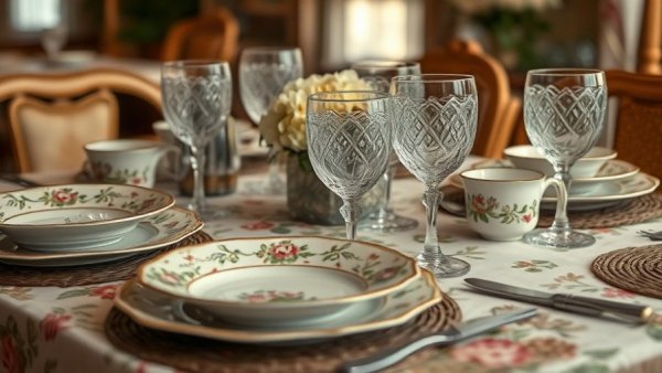 Elegantly arranged vintage dinnerware on a warmly decorated table.