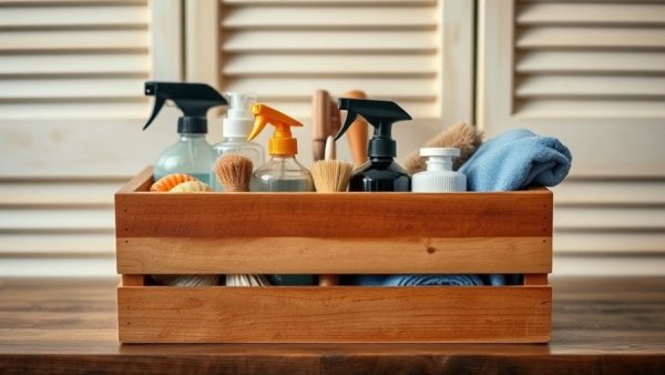 Wooden crate with cleaning supplies, warm organized setting.