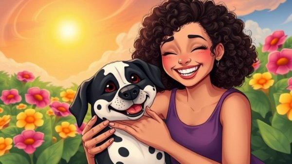 Cartoon of a joyful moment between a woman and dog in a garden.