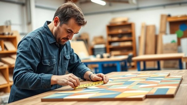 Person measuring tiles for DIY tile coffee table project in a workshop.